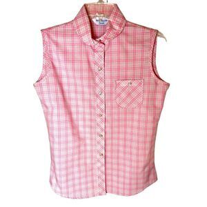 Vintage Sears Pink Plaid Gingham Sleeveless Button Front Blouse Top EVC Size 14